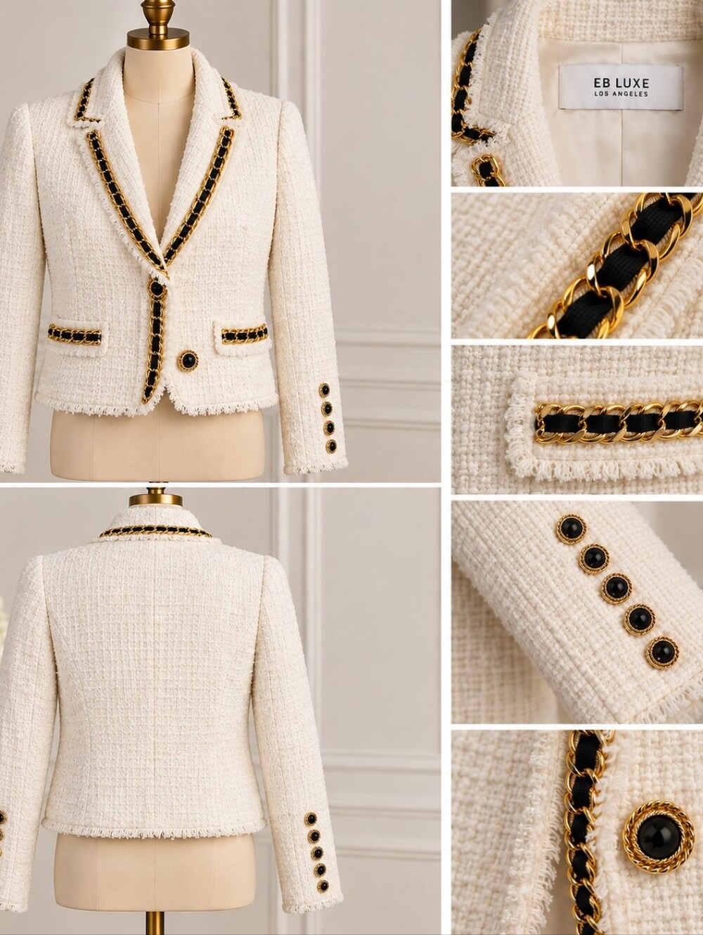 Luxe Cream Tweed Blazer with Gold & Black Chain Trim